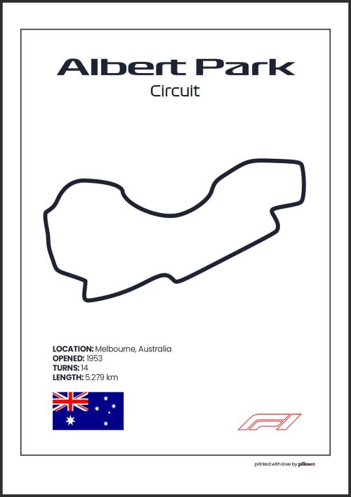 Plagát Albert Park – Ikonický pretekársky okruh Formuly 1 v Austrálii, dostupný s bielym pozadím pre štýlový interiér.