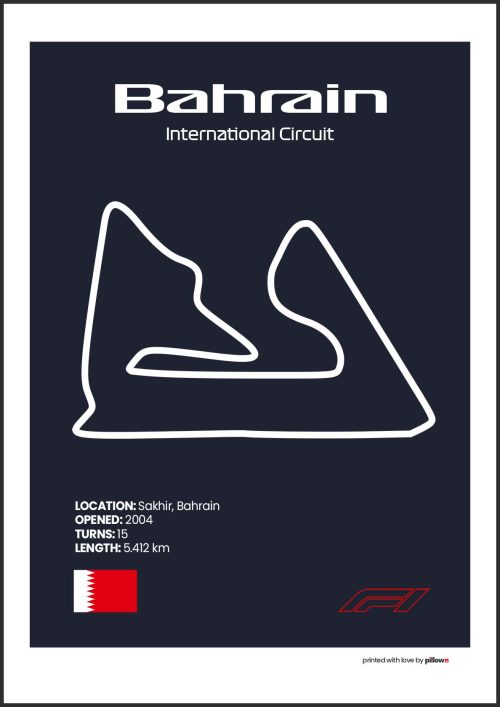 Plagát Bahrain – Ikonický pretekársky okruh Formuly 1 v Sakhire, dostupný s tmavomodrým pozadím pre štýlový interiér.