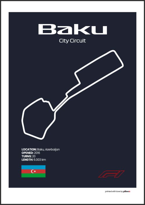 Plagát Baku – Ikonický pretekársky okruh Formuly 1 v Azerbajdžane, dostupný s tmavomodrým pozadím pre štýlový interiér.