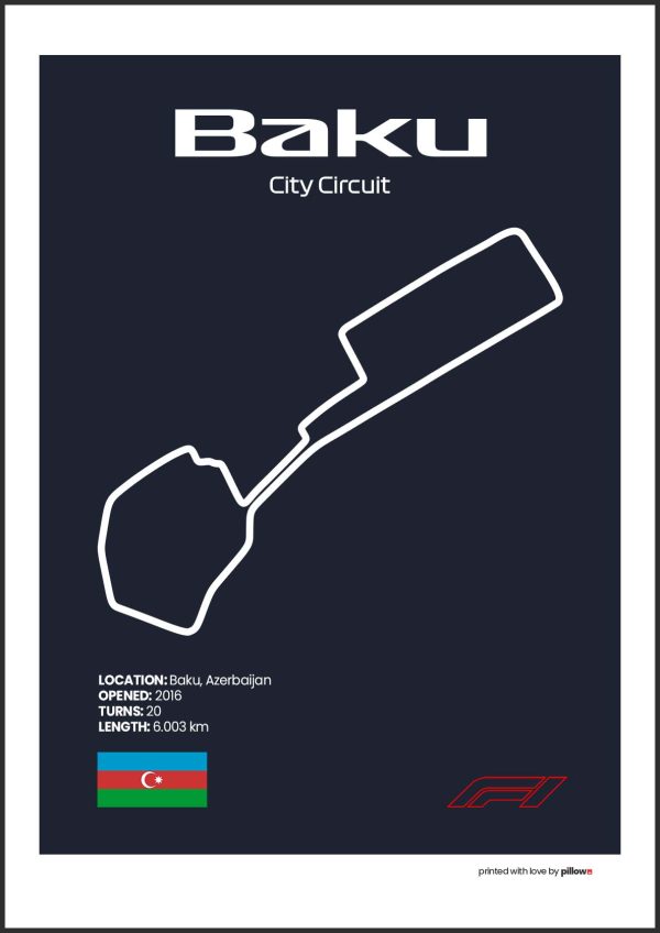 Plagát Baku – Ikonický pretekársky okruh Formuly 1 v Azerbajdžane, dostupný s tmavomodrým pozadím pre štýlový interiér.