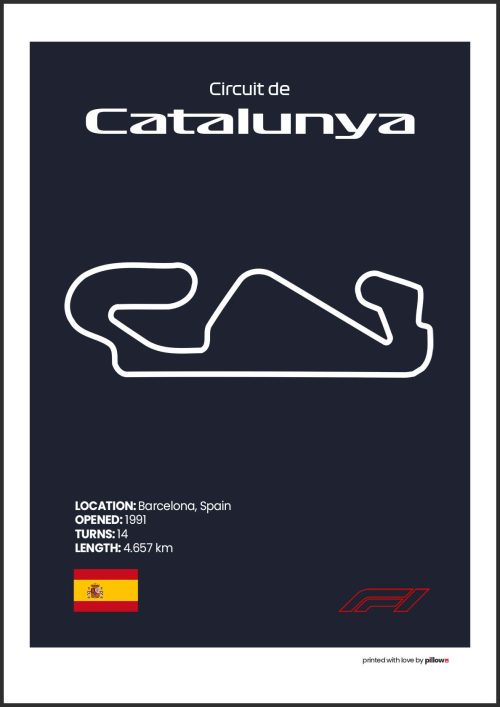 Plagát Catalunya – Ikonický pretekársky okruh Formuly 1 v Španielsku, dostupný s tmavomodrým pozadím pre štýlový interiér.