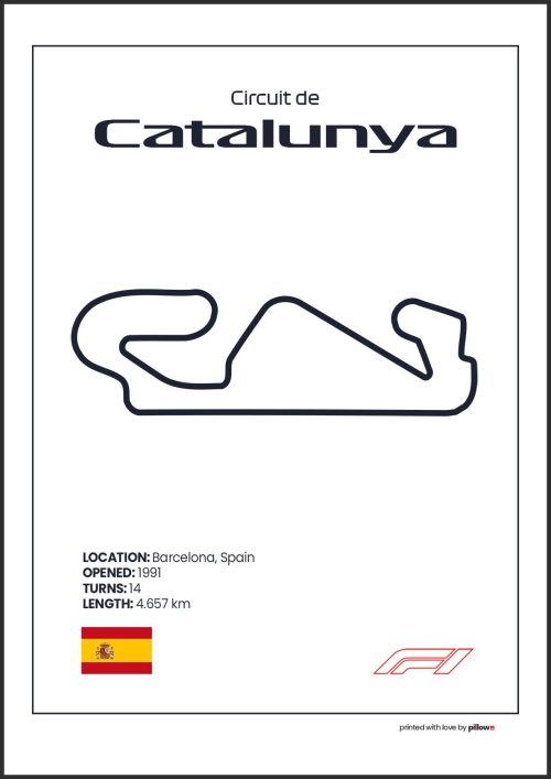 Plagát Catalunya – Ikonický pretekársky okruh Formuly 1 v Španielsku, dostupný s bielym pozadím pre štýlový interiér.