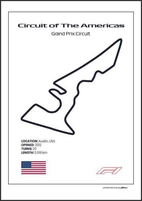Plagát Circuit of The America – Ikonický pretekársky okruh Formuly 1 v Austine, dostupný s bielym pozadím pre štýlový interiér.