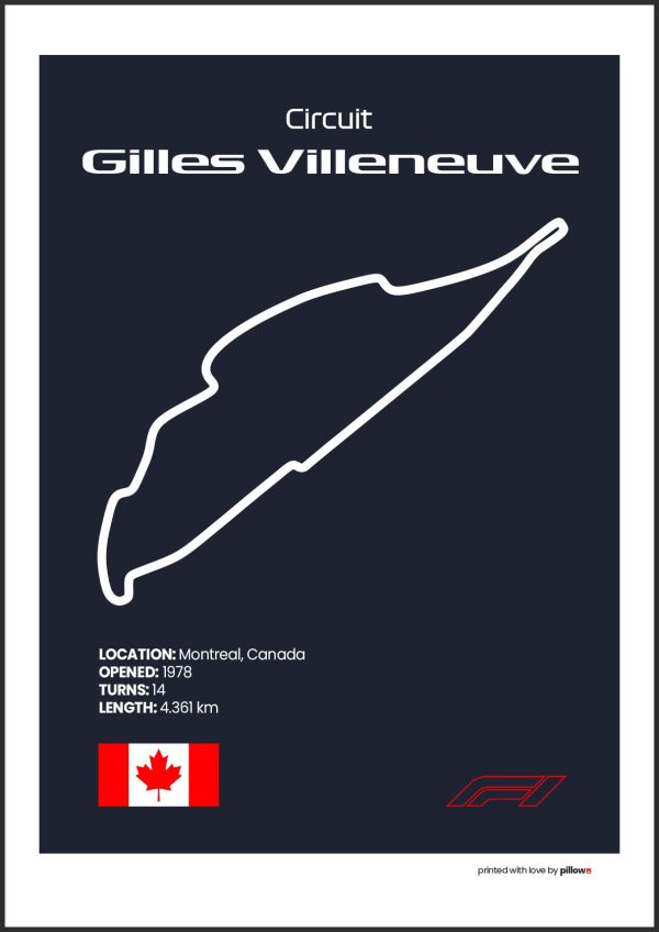 Plagát Gilles Villeneuv Circuit – Ikonický pretekársky okruh Formuly 1 v Montreale, dostupný s tmavomodrým pozadím pre štýlový interiér.