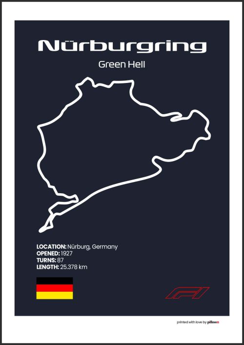 Plagát Nürburgring-Nordschleife – Ikonický pretekársky okruh Formuly 1 v Nemecku, dostupný s tmavomodrým pozadím pre štýlový interiér.
