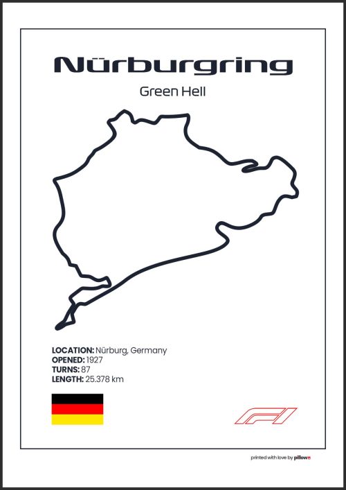 Plagát Nürburgring-Nordschleife – Ikonický pretekársky okruh Formuly 1 v Nemecku, dostupný s bielym pozadím pre štýlový interiér.
