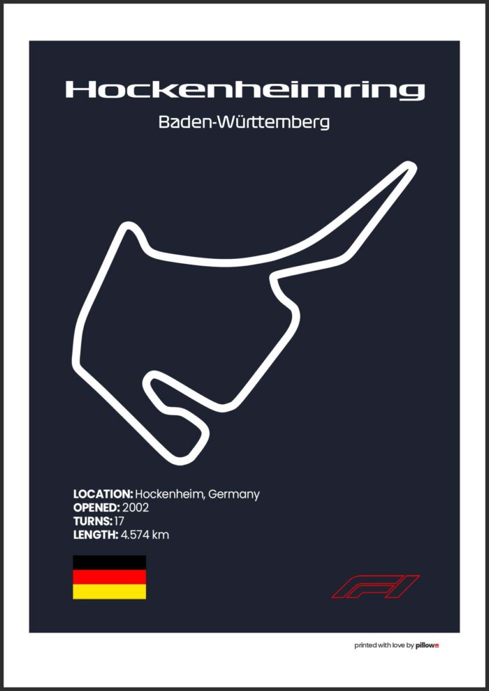 Plagát Hockenheimring – Ikonický pretekársky okruh Formuly 1 v Nemecku, dostupný s tmavomodrým pozadím pre štýlový interiér.