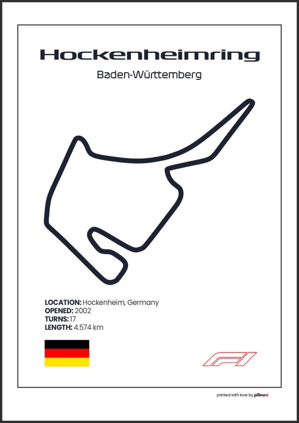 Plagát Hockenheimring – Ikonický pretekársky okruh Formuly 1 v Nemecku, dostupný s bielym pozadím pre štýlový interiér.