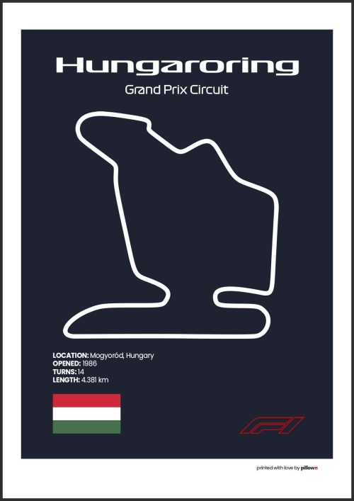 Plagát Hungaroring – Ikonický pretekársky okruh Formuly 1 v Maďarsku, dostupný s tmavomodrým pozadím pre štýlový interiér.
