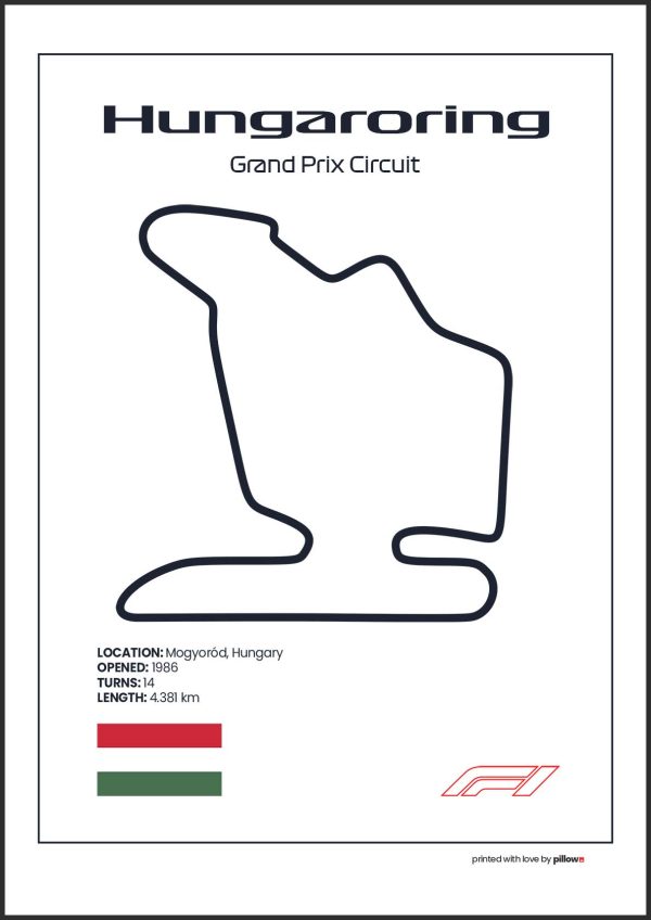 Plagát Hungaroring – Ikonický pretekársky okruh Formuly 1 v Maďarsku, dostupný s bielym pozadím pre štýlový interiér.