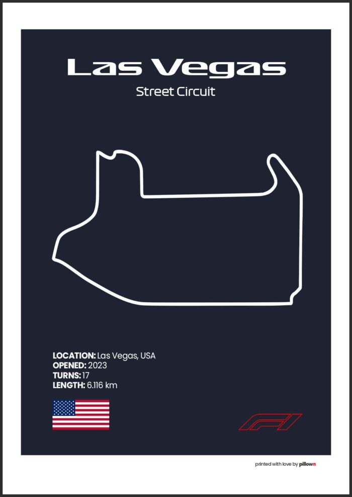 Plagát Las Vegas – Ikonický pretekársky okruh Formuly 1 v USA, dostupný s tmavomodrým pozadím pre štýlový interiér.