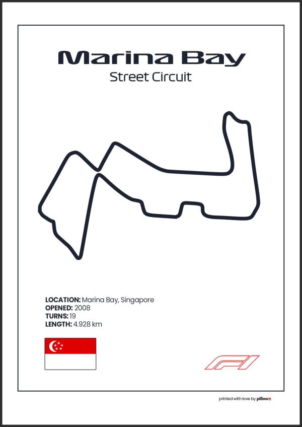 Plagát Marina Bay – Ikonický pretekársky okruh Formuly 1 v Singapúre, dostupný s bielym pozadím pre štýlový interiér.