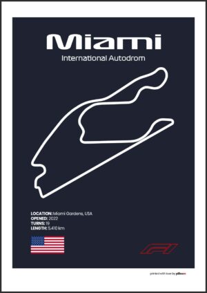 Plagát Miami – Ikonický pretekársky okruh Formuly 1 v USA, dostupný s tmavomodrým pozadím pre štýlový interiér.