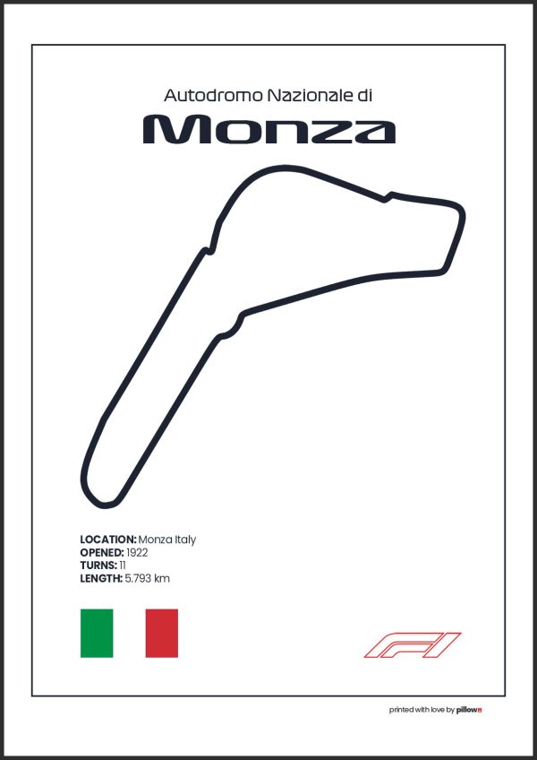 Plagát Monza – Ikonický pretekársky okruh Formuly 1 v Taliansku, dostupný s bielym pozadím pre štýlový interiér.