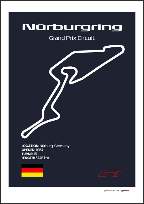 Plagát Nürburgring – Ikonický pretekársky okruh Formuly 1 v Nemecku, dostupný s tmavomodrým pozadím pre štýlový interiér.