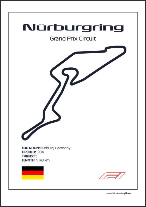 Plagát Nürburgring – Ikonický pretekársky okruh Formuly 1 v Nemecku, dostupný s bielym pozadím pre štýlový interiér.