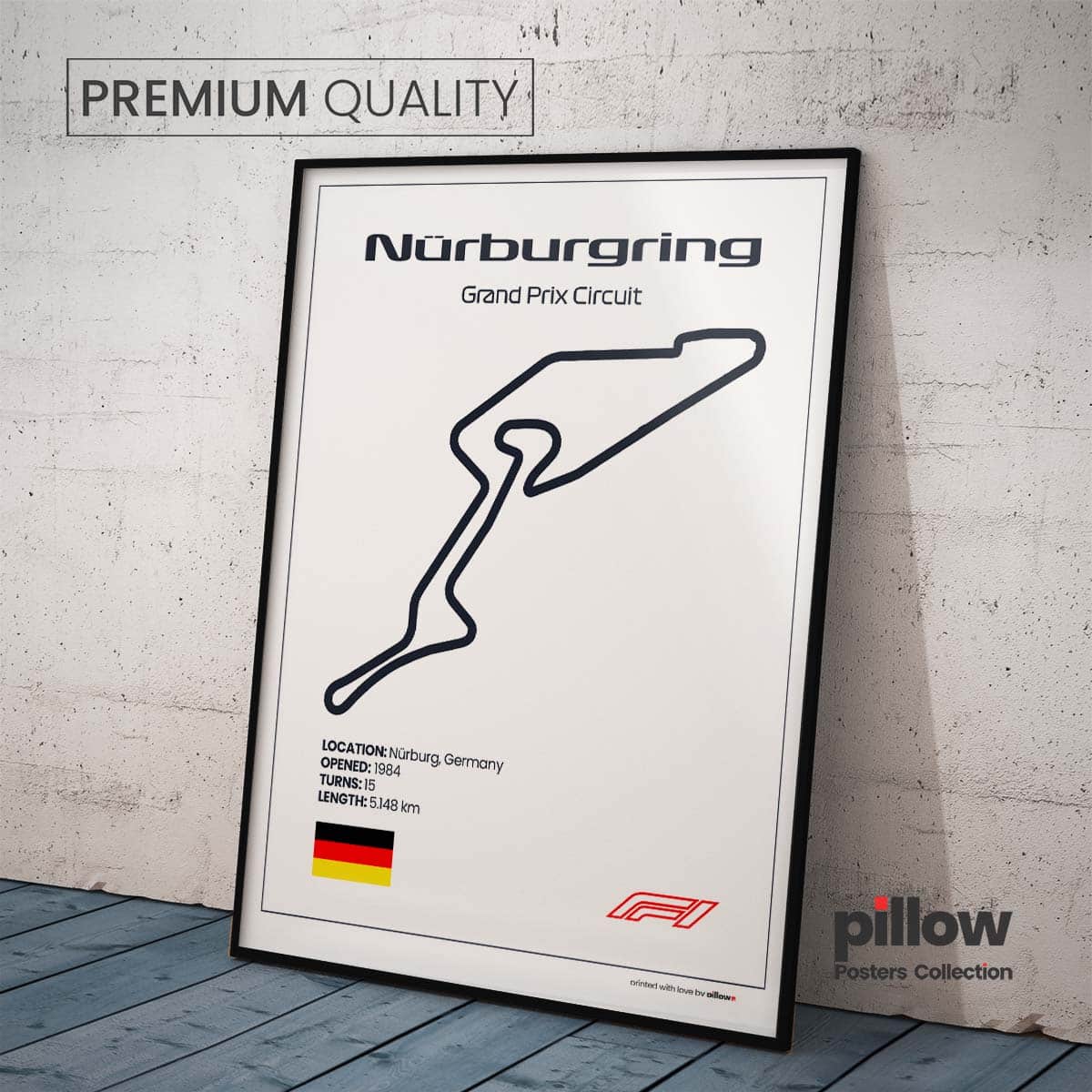 Plagát Nürburgring – Ikonický pretekársky okruh Formuly 1 v Nemecku, dostupný s bielym pozadím pre štýlový interiér.