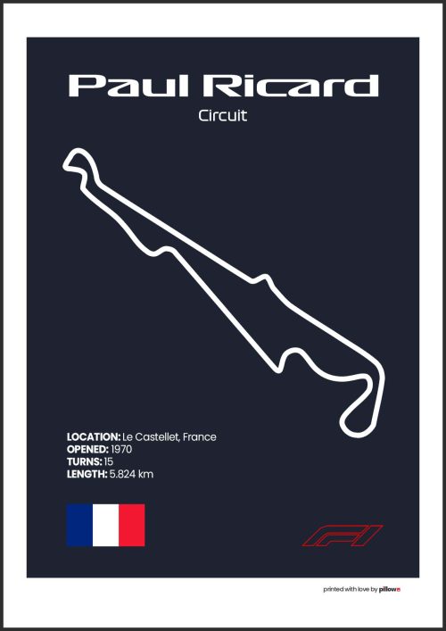 Plagát Paul Ricard – Ikonický pretekársky okruh Formuly 1 v Francúzsku, dostupný s tmavomodrým pozadím pre štýlový interiér.