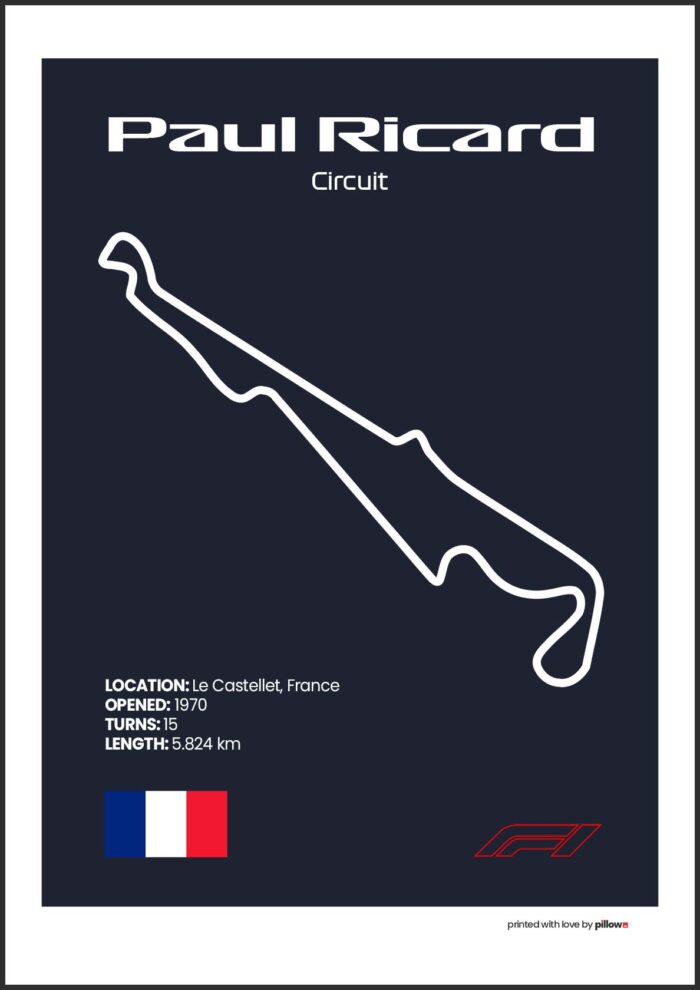 Plagát Paul Ricard – Ikonický pretekársky okruh Formuly 1 v Francúzsku, dostupný s tmavomodrým pozadím pre štýlový interiér.