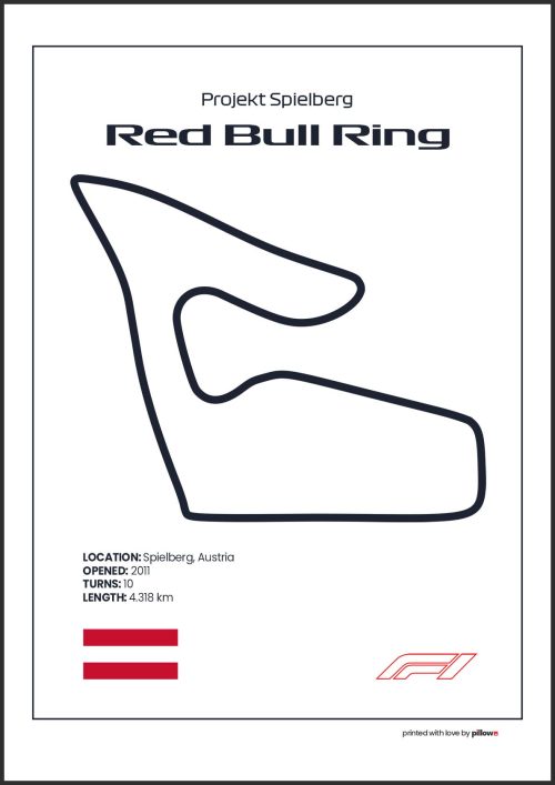 Plagát Red Bull Ring – Ikonický pretekársky okruh Formuly 1 v Rakúsku, dostupný s bielym pozadím pre štýlový interiér.