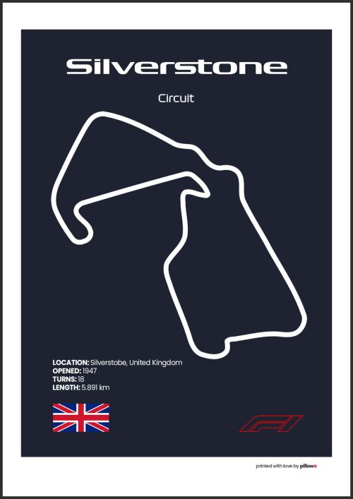Plagát Silverstone – Ikonický pretekársky okruh Formuly 1 v Anglicku, dostupný s tmavomodrým pozadím pre štýlový interiér.