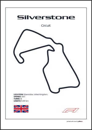 Plagát Silverstone – Ikonický pretekársky okruh Formuly 1 v Anglicku, dostupný s bielym pozadím pre štýlový interiér.