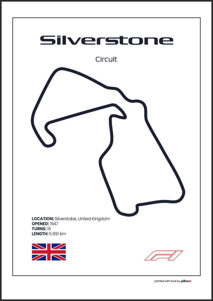 Plagát Silverstone – Ikonický pretekársky okruh Formuly 1 v Anglicku, dostupný s bielym pozadím pre štýlový interiér.
