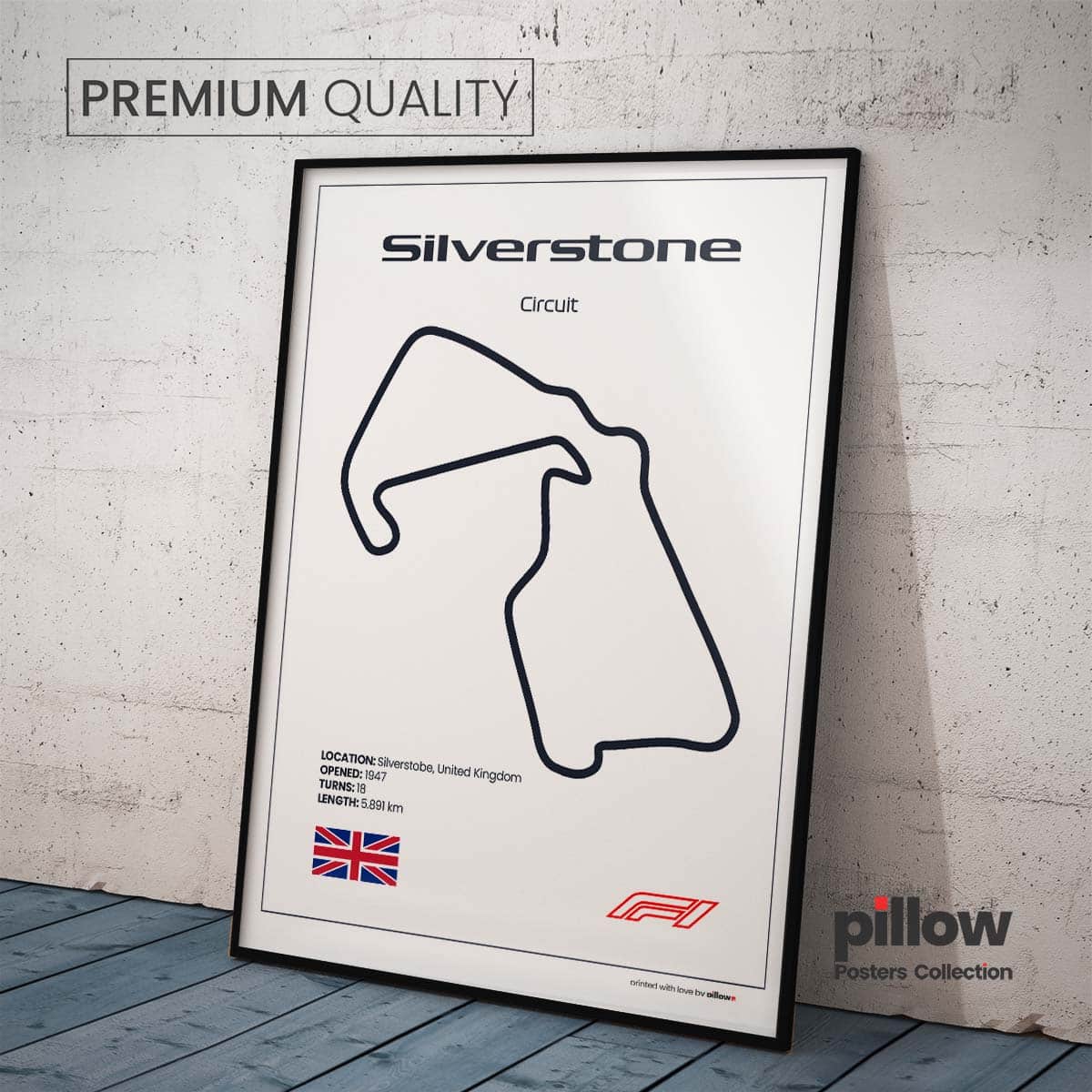 Plagát Silverstone – Ikonický pretekársky okruh Formuly 1 v Anglicku, dostupný s bielym pozadím pre štýlový interiér.