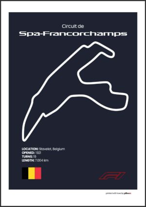 Plagát Spa Francorchamps – Ikonický pretekársky okruh Formuly 1 v Belgicku, dostupný s tmavomodrým pozadím pre štýlový interiér.