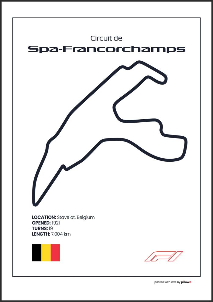 Plagát Spa Francorchamps – Ikonický pretekársky okruh Formuly 1 v Belgicku, dostupný s bielym pozadím pre štýlový interiér.