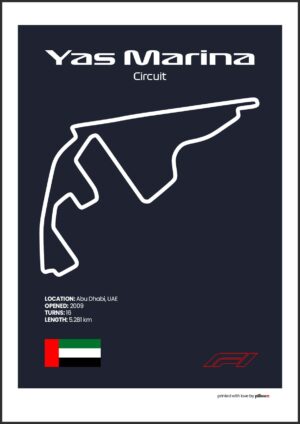 Plagát Yas Marina Circuit – Ikonický pretekársky okruh Formuly 1 v Dubaji, dostupný s tmavomodrým pozadím pre štýlový interiér.