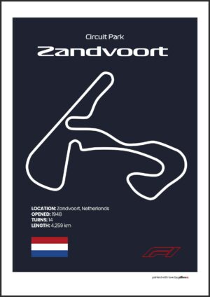 Plagát Zandvoort – Ikonický pretekársky okruh Formuly 1 v Holandsku, dostupný s tmavomodrým pozadím pre štýlový interiér.