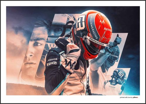 Dynamický záber na pretekára Formuly 1 Georga Russella s jeho prilbou, logami sponzorov a sloganom #WeRaceAsOne v pozadí.