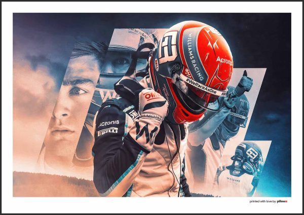 Dynamický záber na pretekára Formuly 1 Georga Russella s jeho prilbou, logami sponzorov a sloganom #WeRaceAsOne v pozadí.