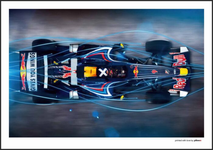 Formula 1 Red Bull Racing zhora, s modrými aerodynamickými líniami, dynamický plagát pre fanúšikov pretekov.