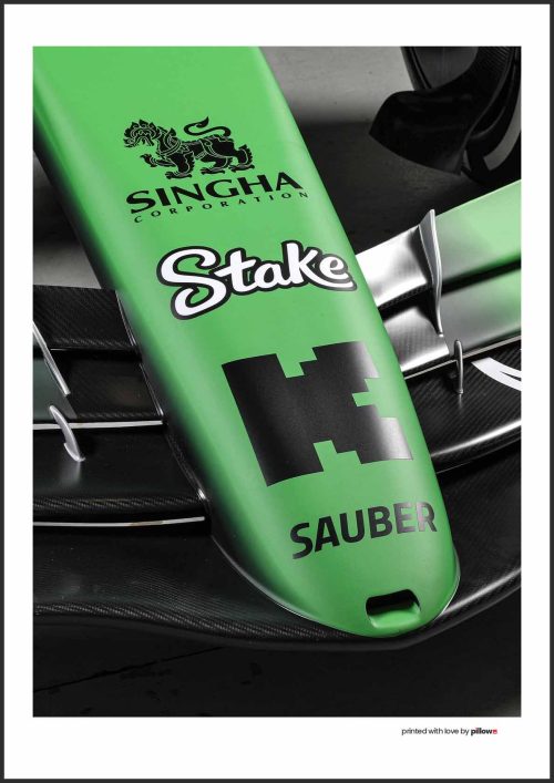 Plagát tímu Kick Sauber F1 pre sezónu 2025 s detailne spracovanou formulou v ikonických farbách.