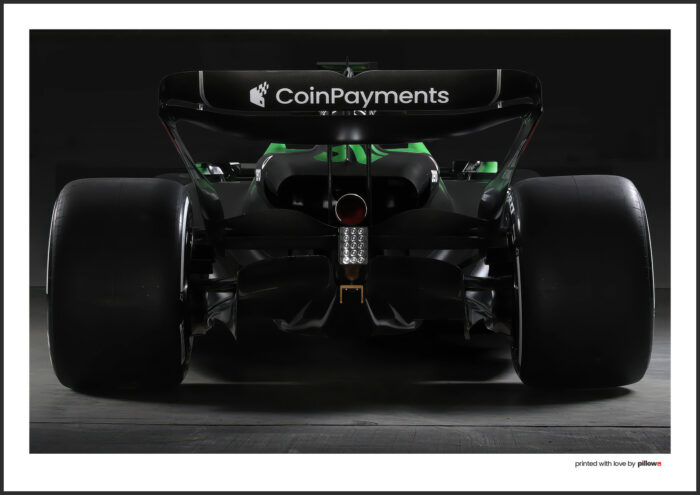 Plagát tímu Kick Sauber F1 pre sezónu 2025 s detailne spracovanou formulou v ikonických farbách.