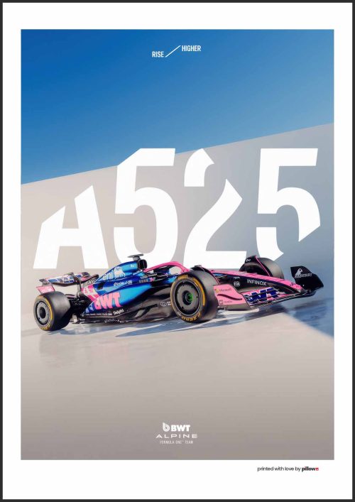 Plagát Alpine F1 Team 2025 s najnovším monopostom v ikonických farbách tímu.