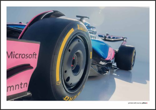 Plagát Alpine F1 Team 2025 s najnovším monopostom v ikonických farbách tímu.