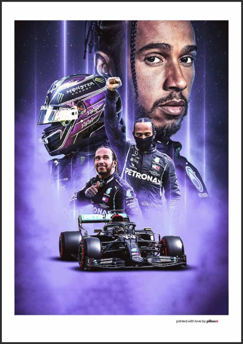 F1 plagát Lewisa Hamiltona, známeho pretekára, s jeho pretekárskym autom na trati.