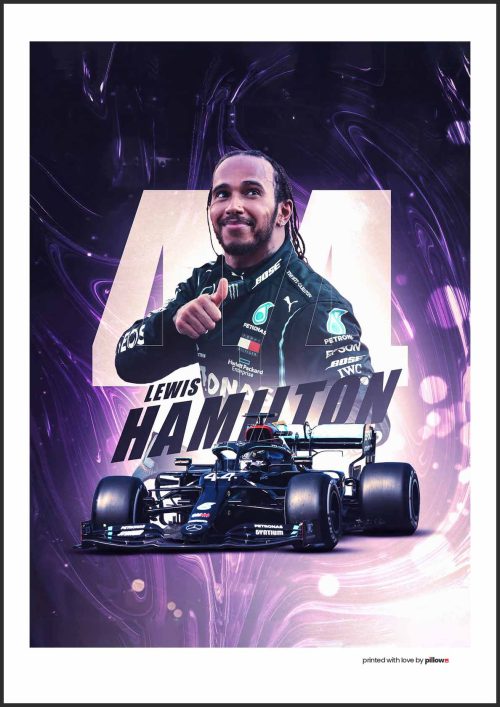 Umelecký plagát Lewisa Hamiltona, šampióna Formuly 1, s jeho pretekárskym vozidlom.