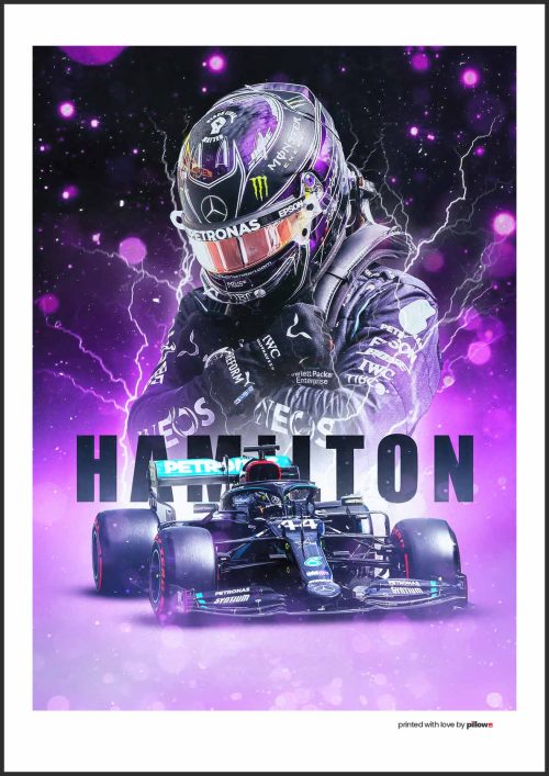 Plagát Lewisa Hamiltona, pretekára F1, v živom a dynamickom umeleckom štýle.