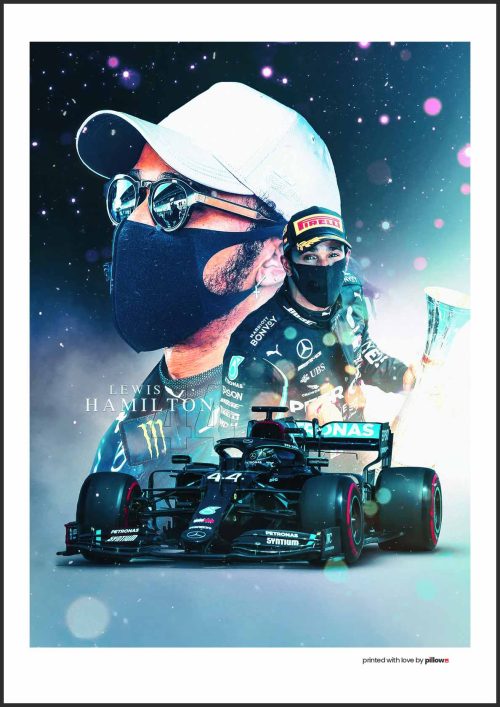 Lewis Hamilton na farebnom plagáte – legendárny pretekár F1 v plnej akcii.