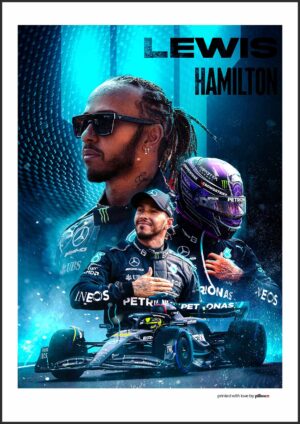 Plagát s Lewisom Hamiltonom, popredným pretekárom F1, s výrazným pretekárskym dizajnom.