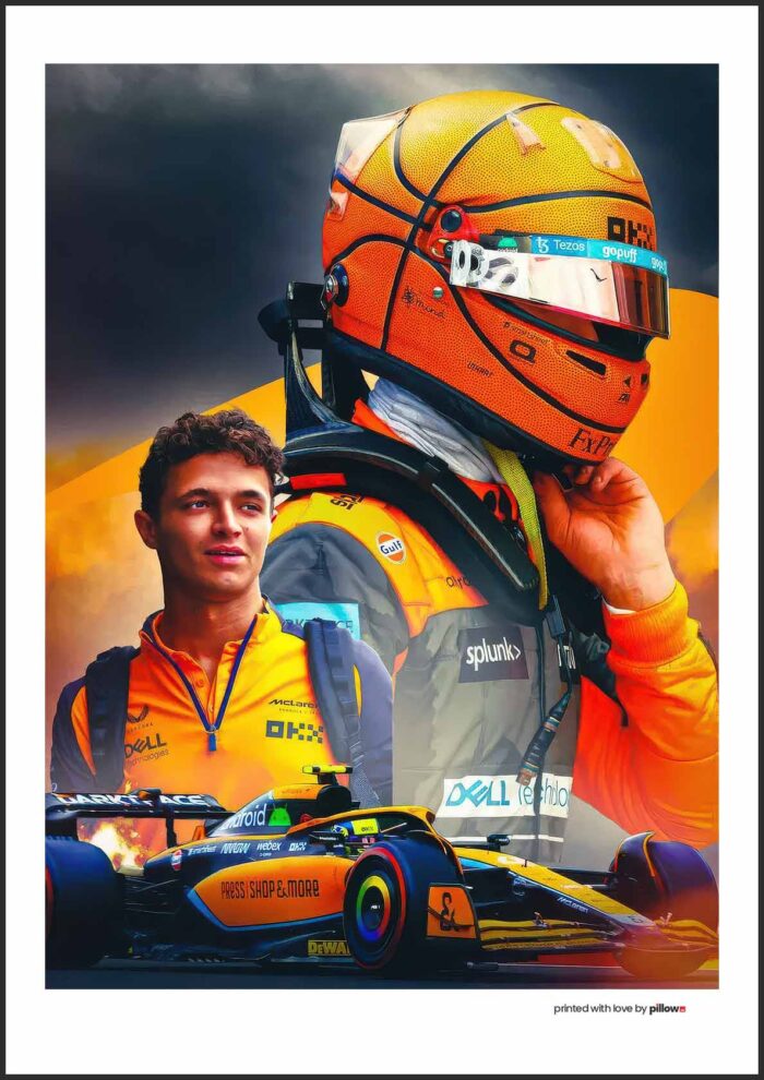 Plagát Lando Norris v McLarene, s jeho helmou a autom, ideálny pre fanúšikov F1. Prémiová dekorácia dostupná na Pillow.Sk