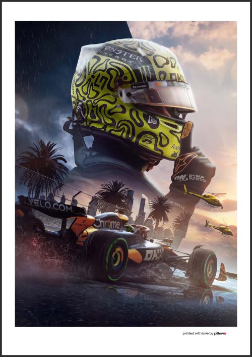 Plagát Landa Norrisa 2025 s jeho charakteristickou prilbou a monopostom McLaren v dramatickej scéne so západom slnka a helikoptérami v pozadí.