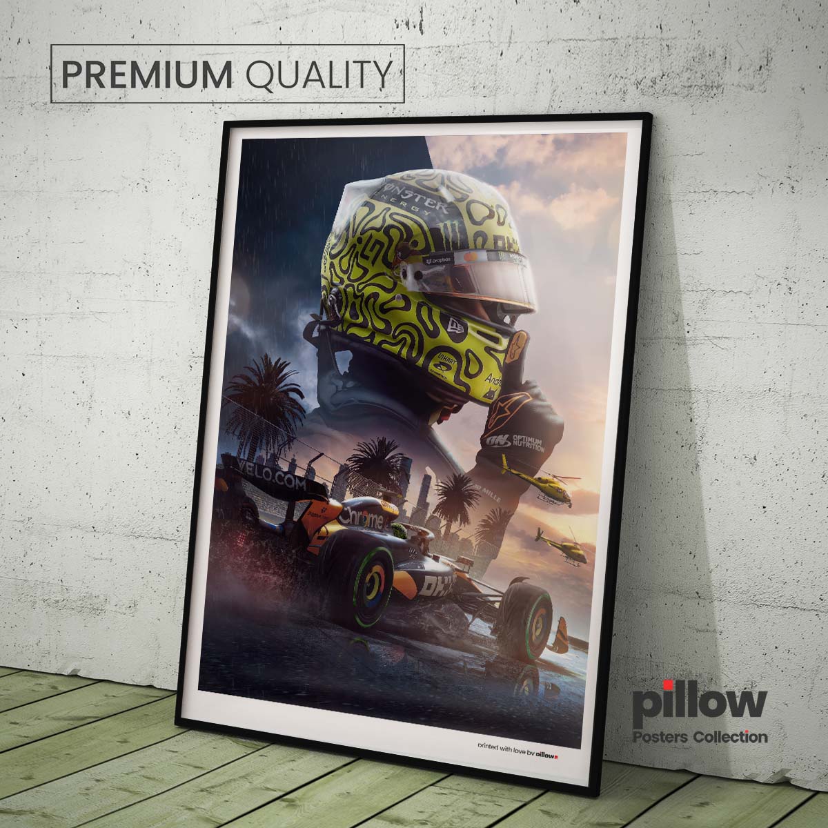 Prémiový plagát Landa Norrisa 2025 zo série Pillow Posters Collection – Jedinečný dizajn s ikonickou prilbou a monopostom McLaren v akcii.