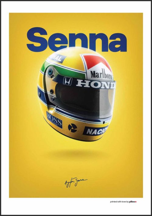Plagát s Ayrtonom Sennom v pretekárskom aute