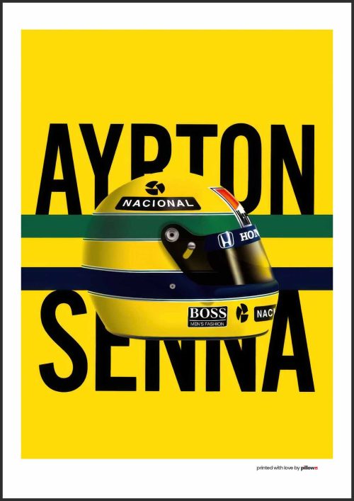 Ayrton Senna na plagáte s pozadím pretekárskeho okruhu