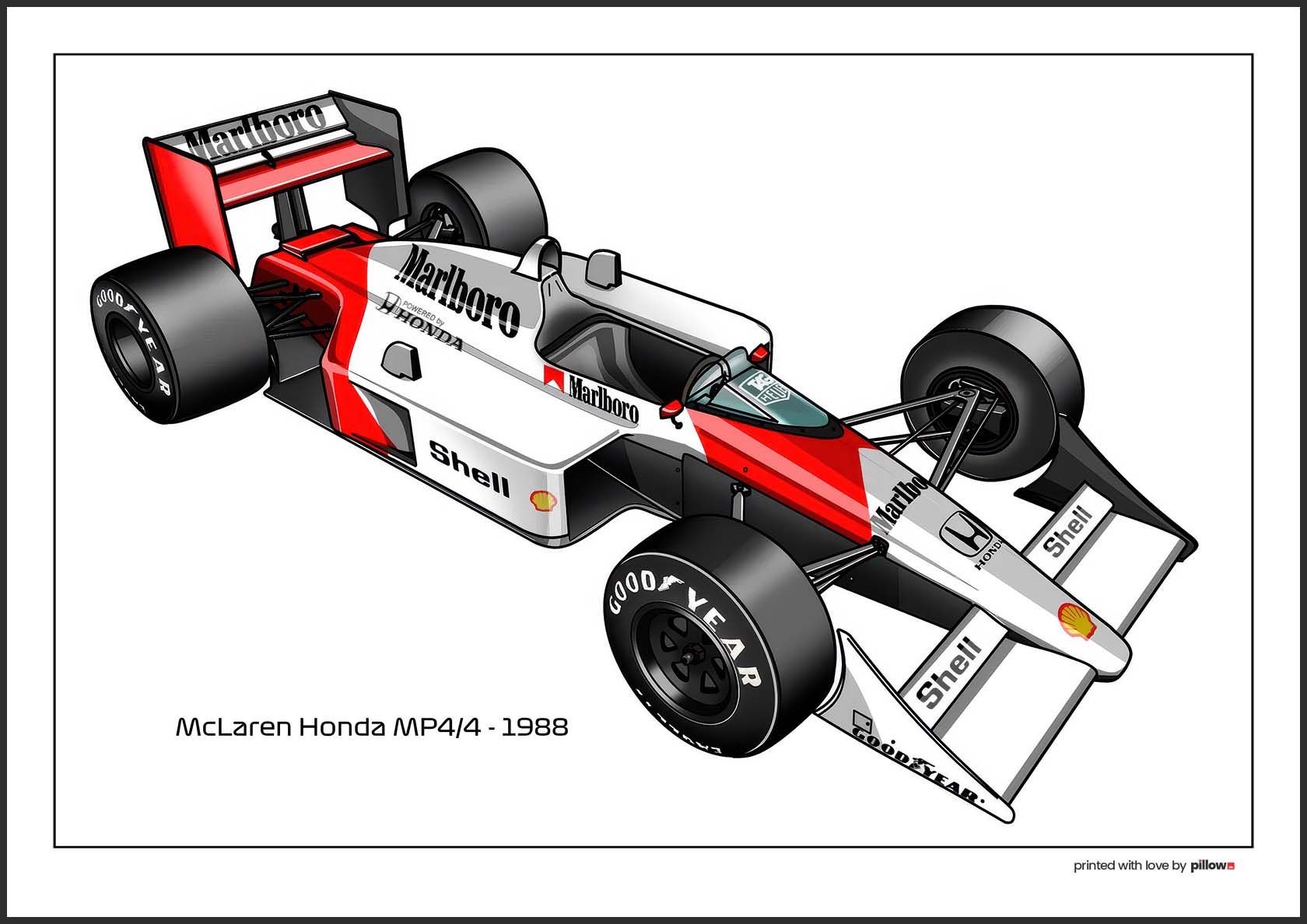 Plagát monopostu McLaren MP4 zo sezóny 1988 s legendárnym autom, ideálny pre nadšencov Formuly 1 a fanúšikov tímu McLaren.
